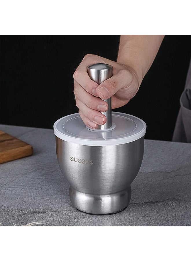 هاون ومدقة من الفولاذ المقاوم للصدأ شديد التحمل مع غطاء وقاعدة ثابتة للاستخدام اليومي في المطبخ. تصميم متين وصلب مصبوب، مثالي لطحن التوابل والأعشاب. - Image 3